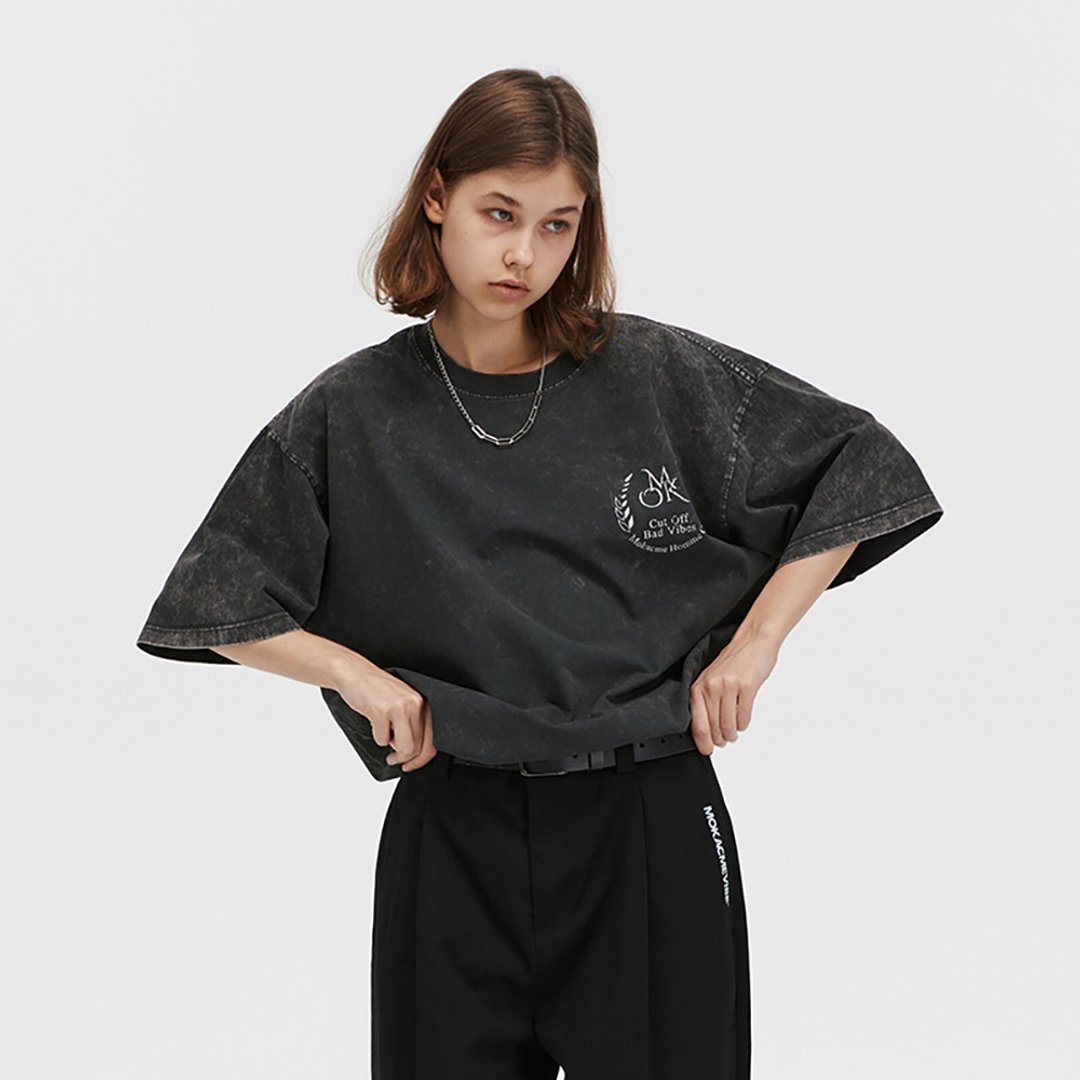 MOKACME 2023SS 夏季宽松街头蜡染炒色洗水做旧纯棉短袖T恤潮男女 - 男装上衣/T 恤 - 棉 黑色