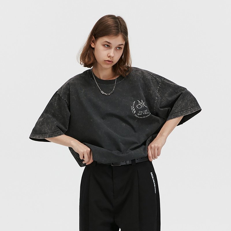 MOKACME 2023SS 夏季宽松街头蜡染炒色洗水做旧纯棉短袖T恤潮男女 - 男装上衣/T 恤 - 棉．麻 黑色