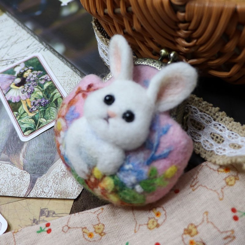 【羊毛毡】迷你口金包-小动物与花草系列-小白兔 - 零钱包 - 羊毛 粉红色