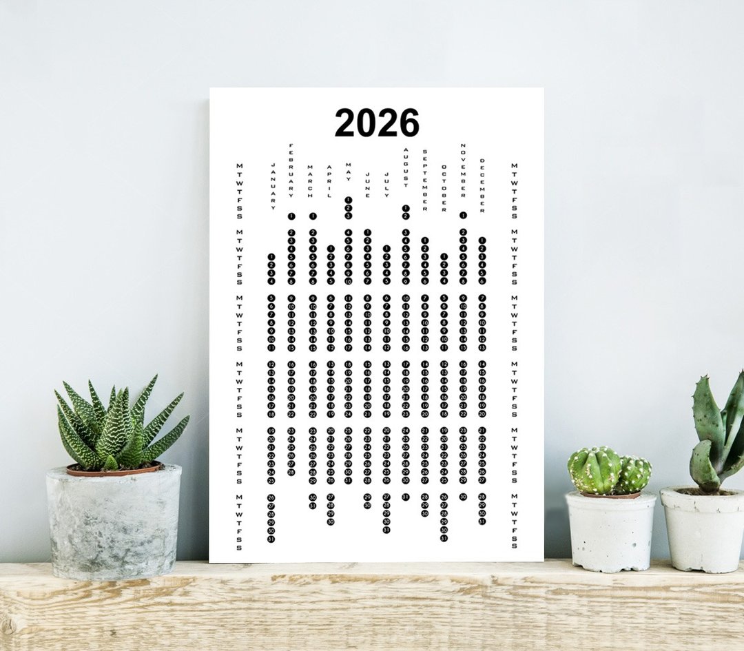 2026 周历，12 个月 黑白 设计 - 海报/装饰画/版画 - 纸 