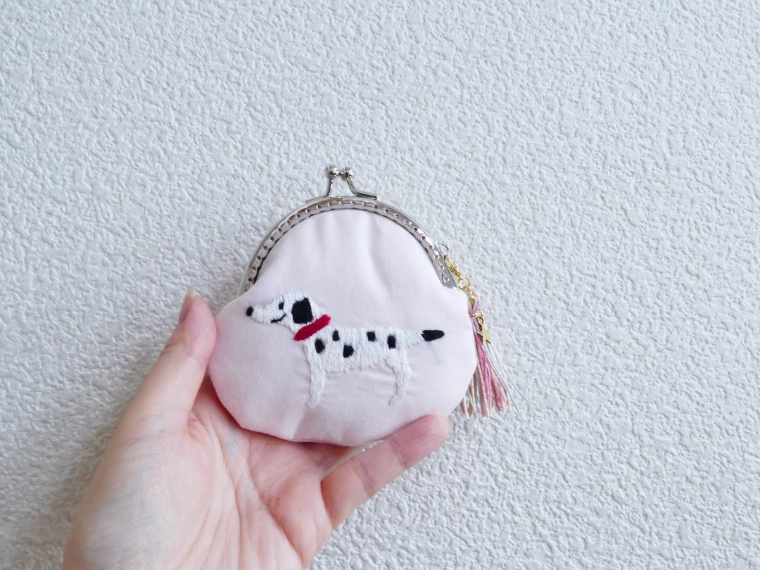 Embroidery mini sprinkle Dalmatian pink X mint gold with tassel - 零钱包 - 棉 粉红色
