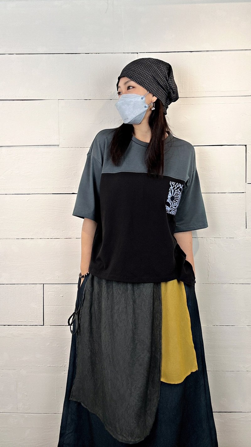 灰绿黑 - 花袋不规则拼色T #T1314 - 女装上衣 - 棉．麻 黑色