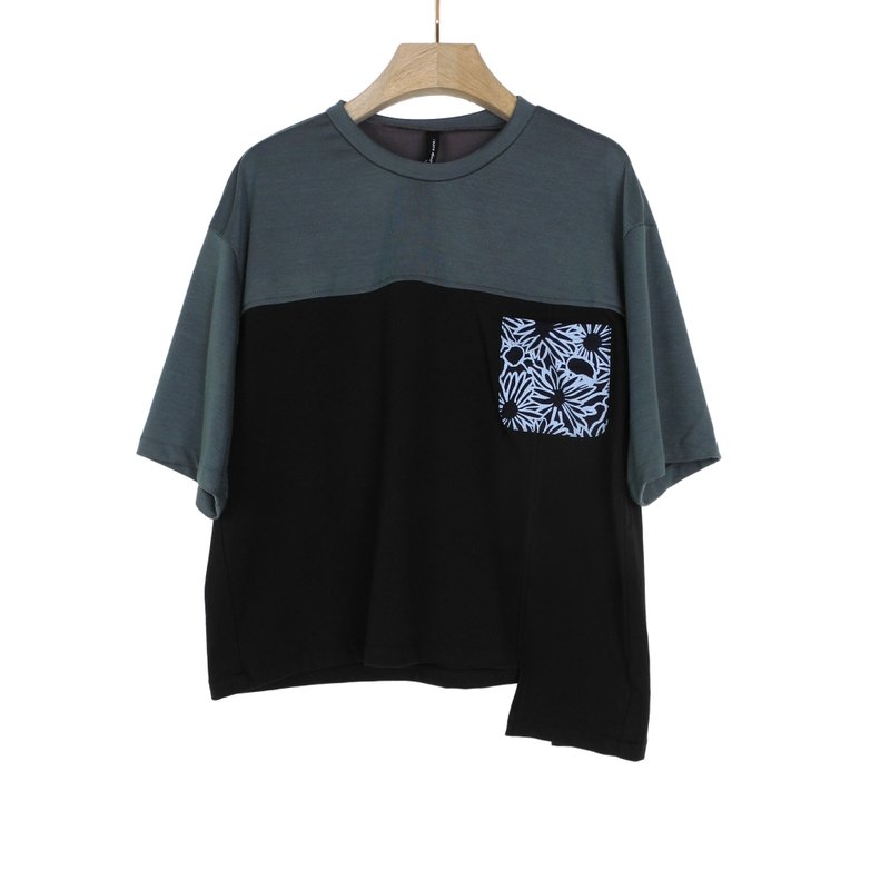 灰绿黑 - 花袋不规则拼色T #T1314 - 女装上衣 - 棉．麻 黑色