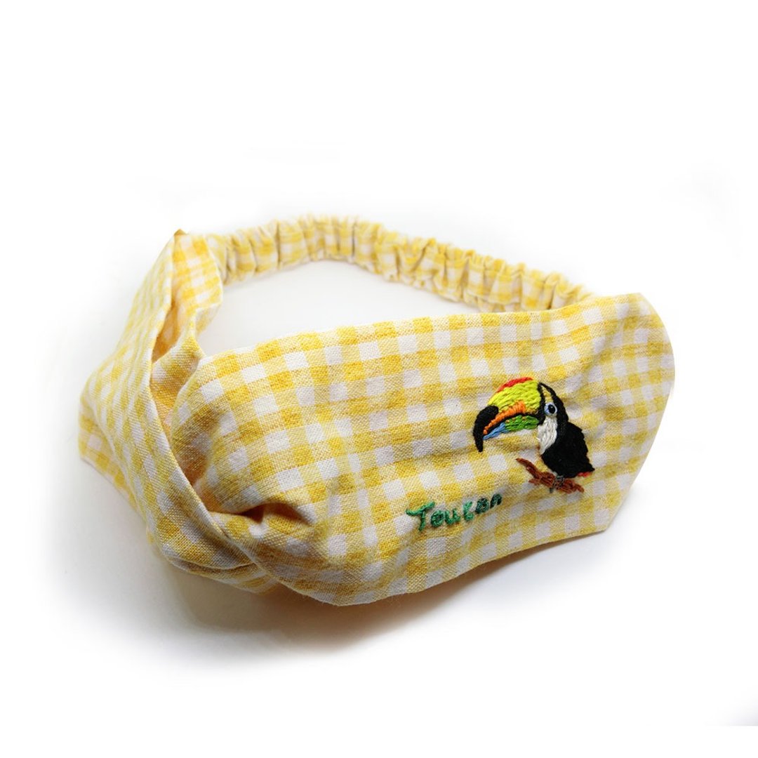 【壳艺品】大嘴鸟100%纯手工刺绣发带 - 发带/发箍 - 棉 黄色