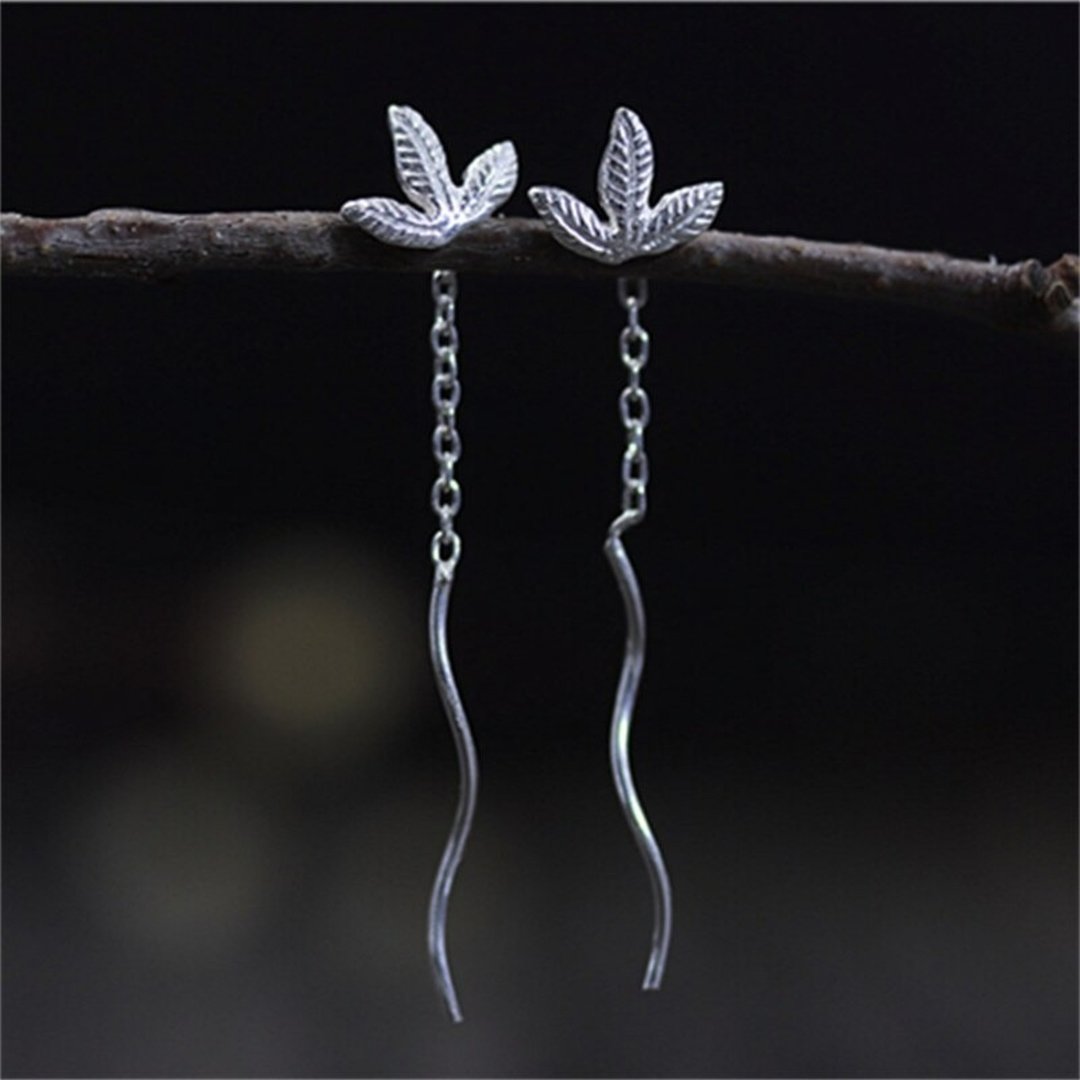 925 Sterling Silver Women Handmade Engrave Leaves Ear Lines Simple Wave Designer - 耳环/耳夹 - 纯银 银色