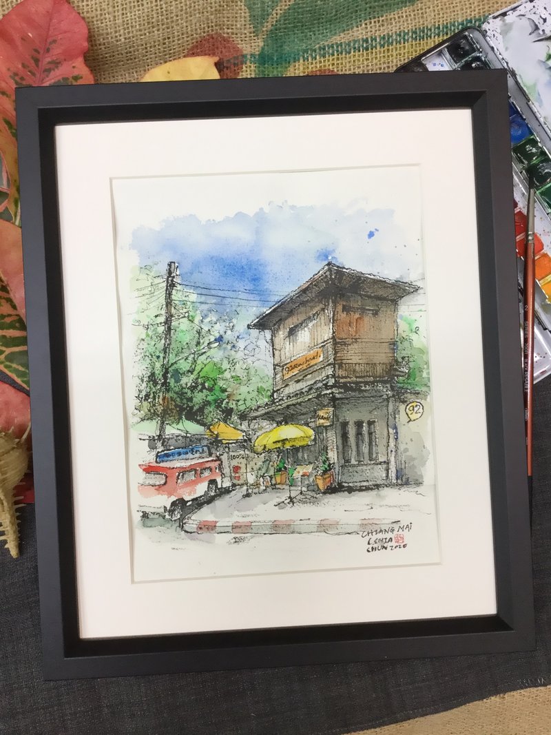 清迈转角咖啡厅/手绘原创/含框 - 海报/装饰画/版画 - 纸 咖啡色