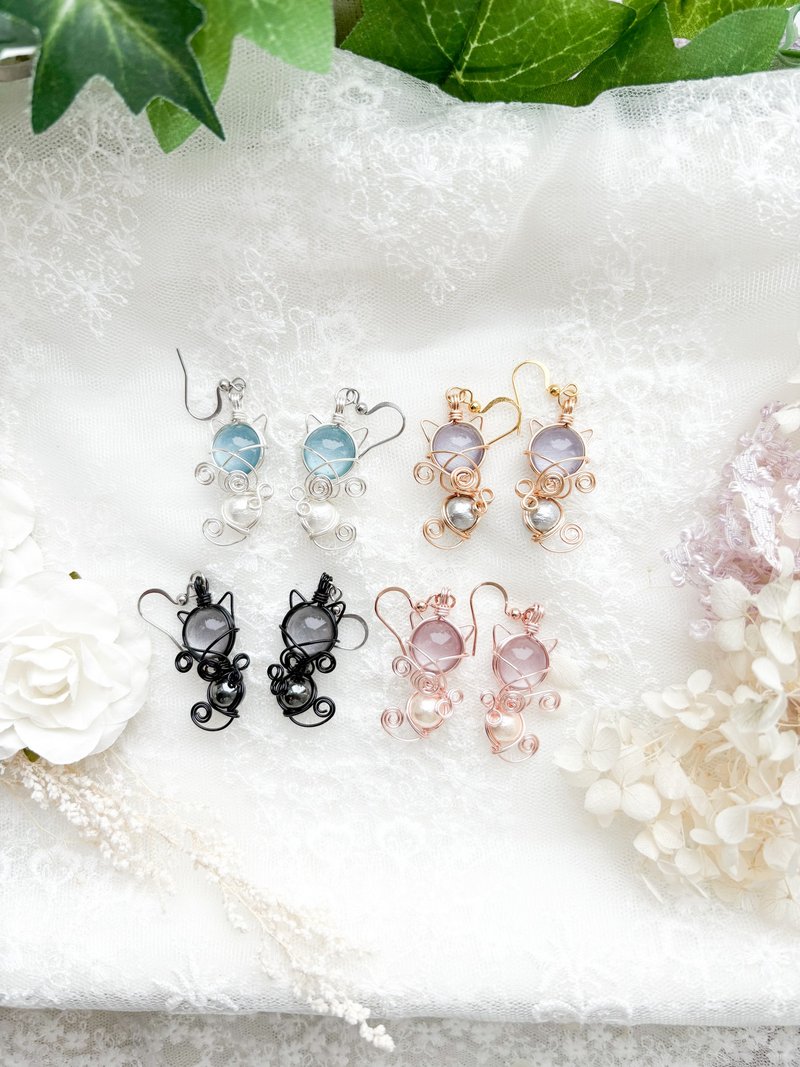 猫咪 粉红金 - 耳环/耳夹 - 其他材质 粉红色