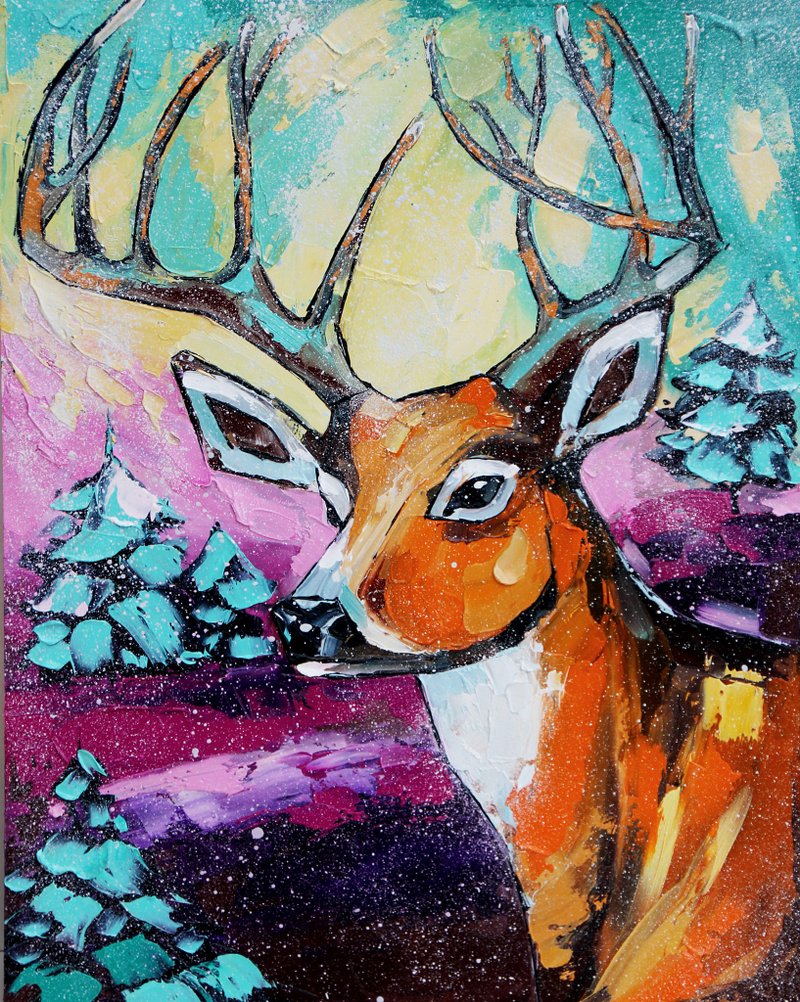 Deer Painting Animal Original Art Impasto Artwork Fairy Wall Art Oil Wall Art - 海报/装饰画/版画 - 其他材质 多色