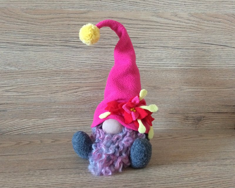 Pink gray elf with yellow pom pom - 玩偶/公仔 - 棉．麻 粉红色