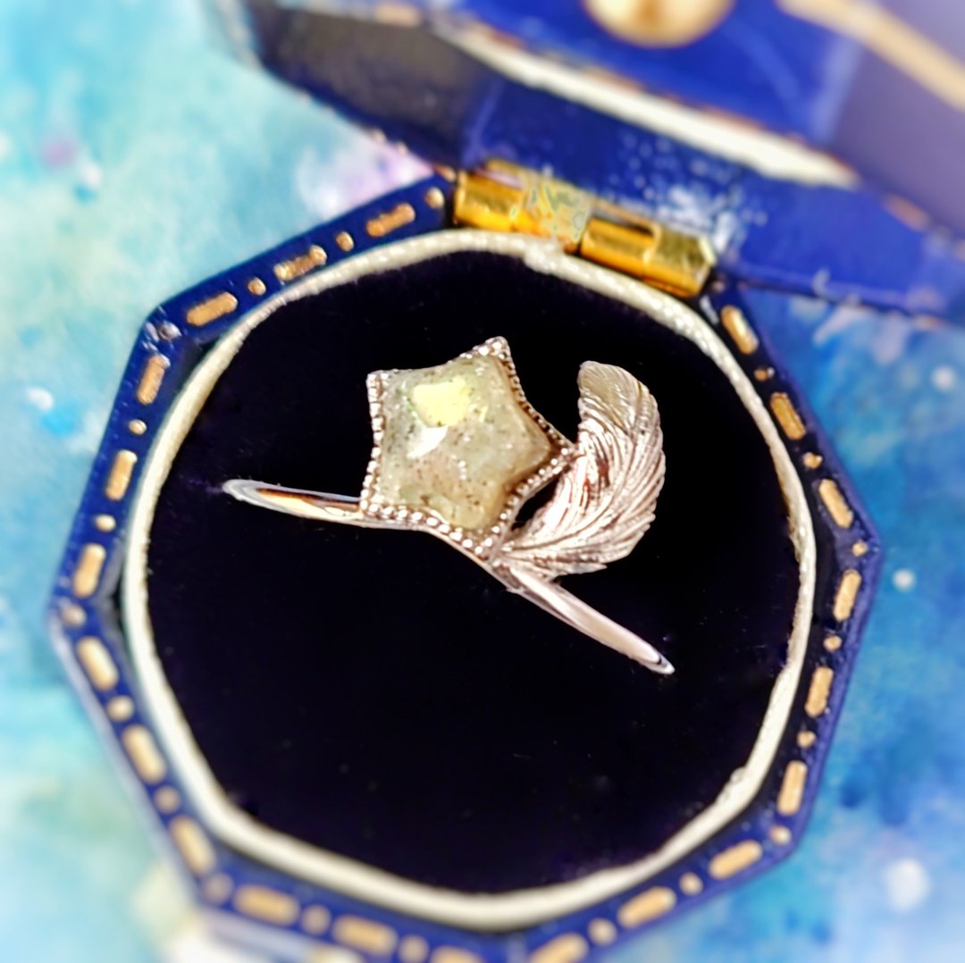 小星星拉长石羽毛电镀18K金纯银戒指 - 戒指 - 半宝石 卡其色