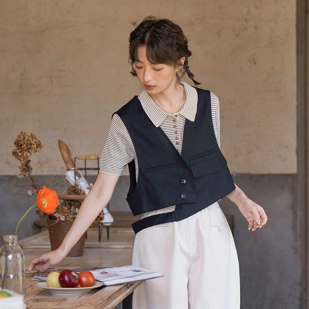 黑色亚麻不对称马甲背心|背心|春夏款|法国亚麻|Sora-1164 - 女装背心 - 棉 黑色