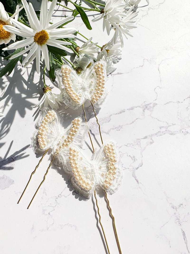 蝴蝶发夹三件组｜和服发饰｜新娘饰品 - 发饰 - 棉．麻 白色