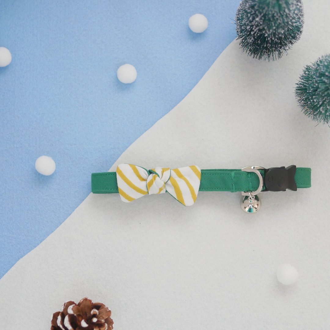Candy Bow X'mas series Breakaway Cat collar | Gold Yellow Stripe - 项圈/牵绳 - 棉．麻 