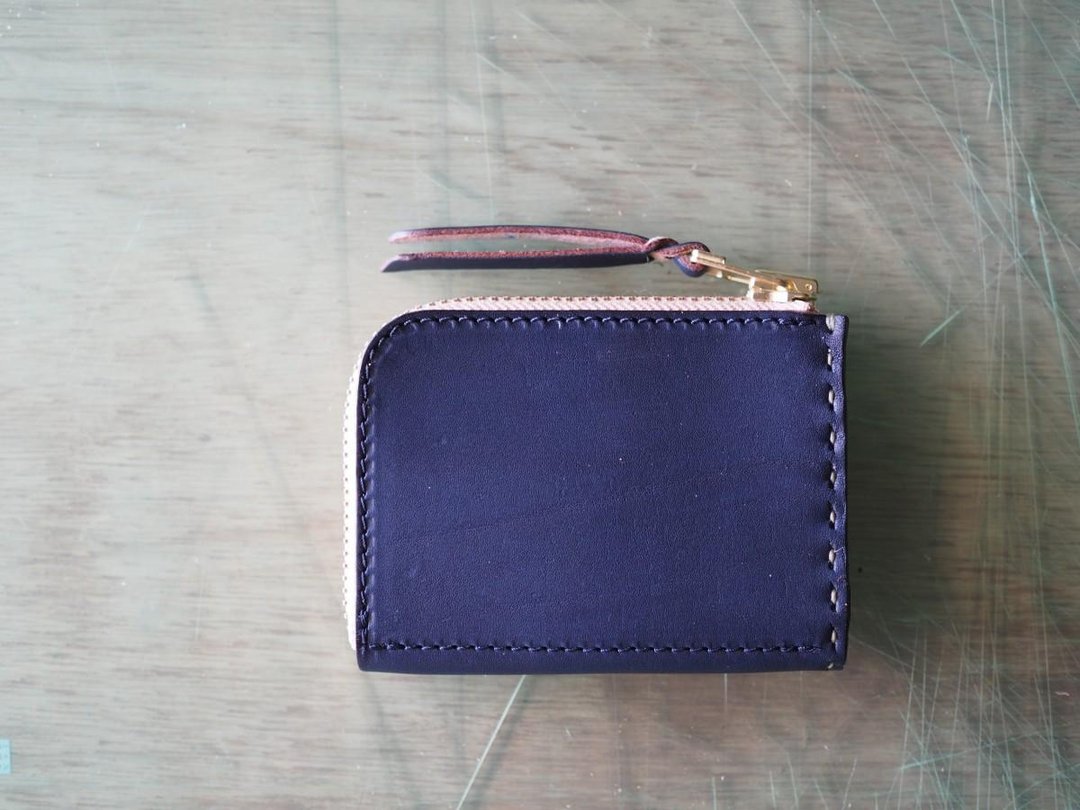 Small wallet with L-shaped zipper Navy / Navy blue thread / Khaki - 皮夹/钱包 - 真皮 蓝色