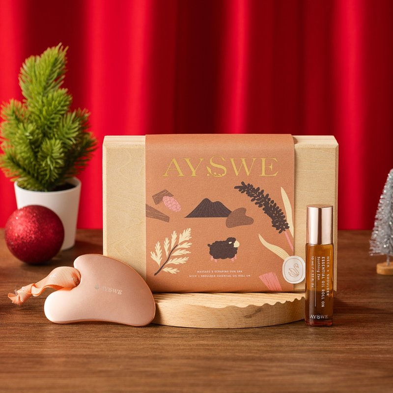 【圣诞礼盒l 快速出货】心型按摩刮痧板& 舒缓滚珠精油原木礼盒 - 香薰/精油/线香 - 精油 