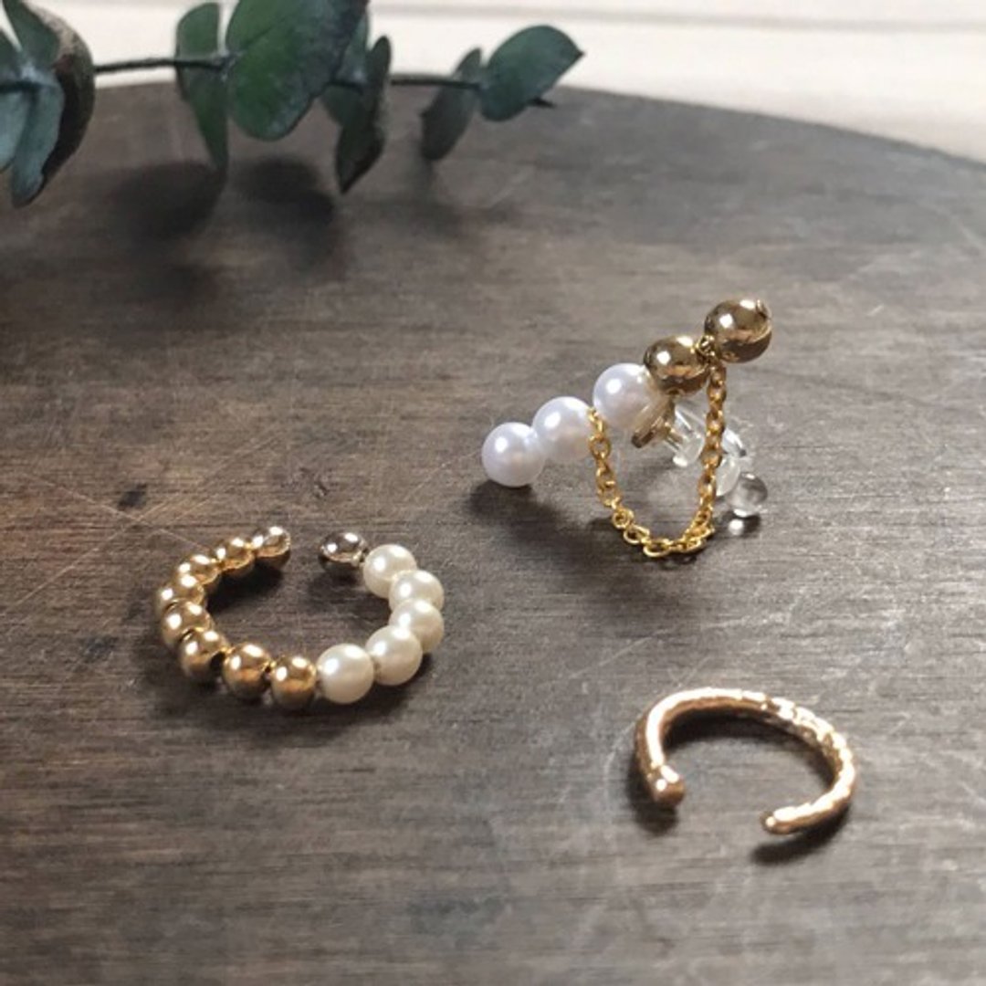 \ Advantageous / Ear Cuff 3set | Pearl x Gold x Chain / Pearl x Gold / Hammer Gold-Set-EC-Set6 - 耳环/耳夹 - 宝石 白色