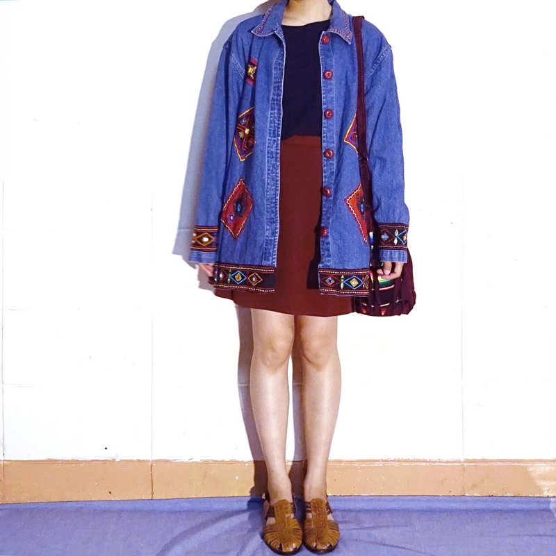 BajuTua/古着/ 嬉皮刺绣红格子丹宁衬衫/小外套(hippie red grids embroidered denim shirt) - 女装衬衫 - 棉．麻 蓝色
