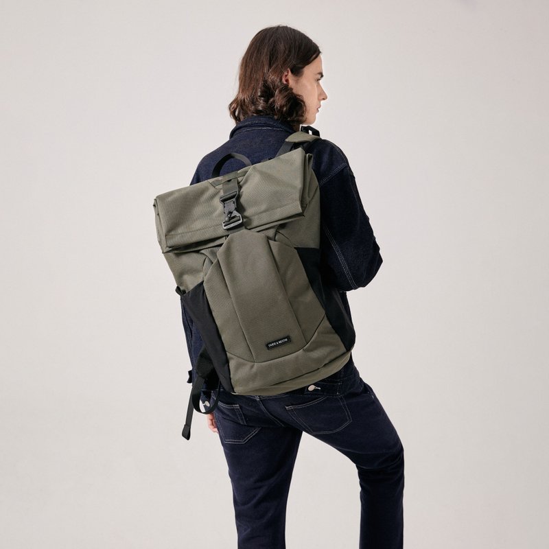 香港品牌 背包 旅行包 防水功能 卷顶设计 - Roll Top 灰绿色 - 后背包/双肩包 - 尼龙 绿色