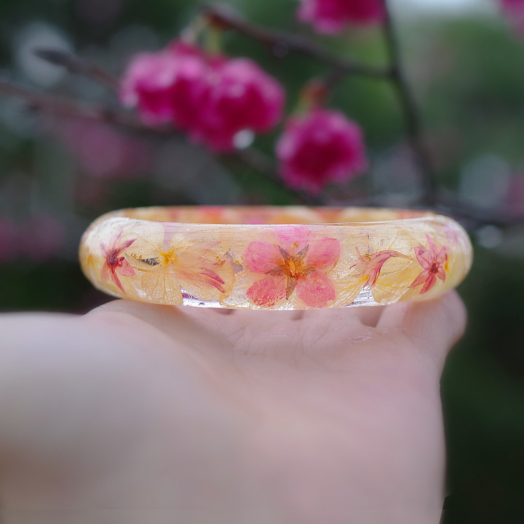 花说・日本大阪昭和桜 - 樱花手镯 (粉花黄底)・干燥花永生花  - 手链/手环 - 植物．花 粉红色