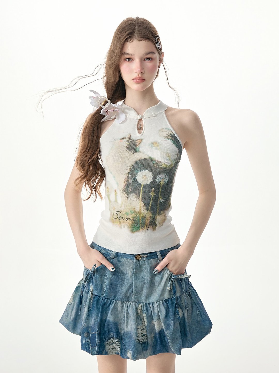 ziziFei''汀兰''夏季新中式国风挂脖上衣猫咪印花白色针织背心女 - 女装背心 - 其他材质 白色