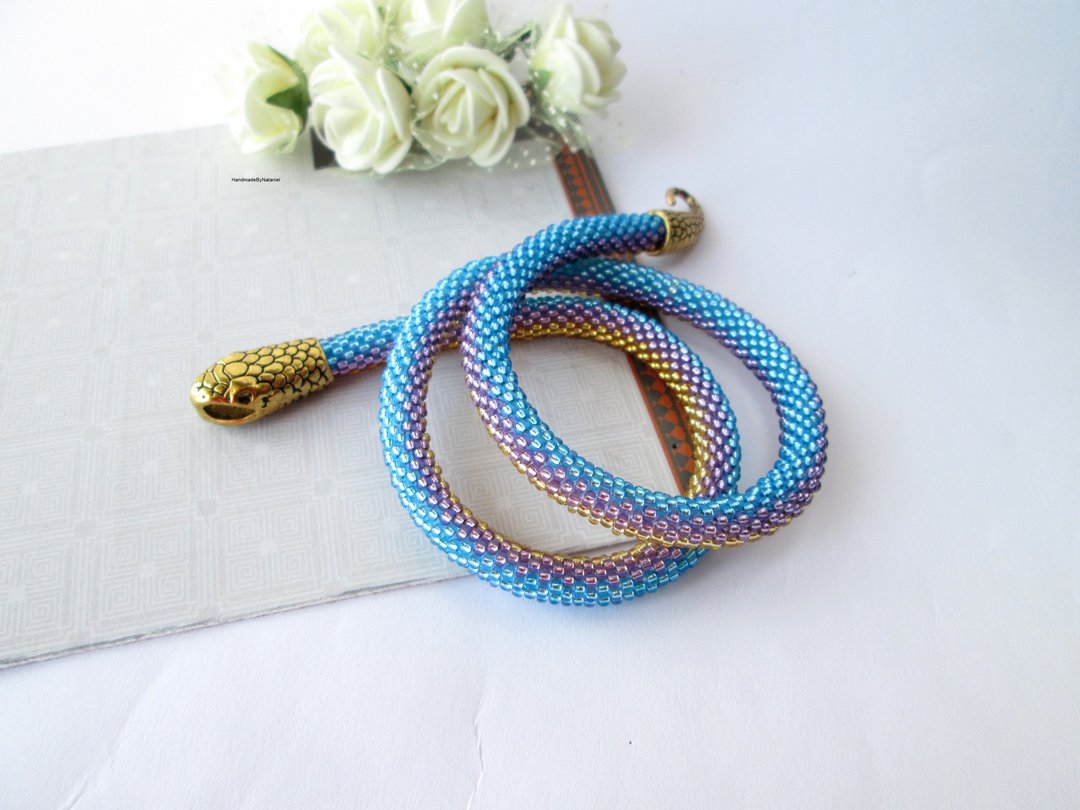 Blue purple Snake necklace bracelet Ouroboros jewelry Serpent rope Beaded neckla - 手链/手环 - 其他材质 多色