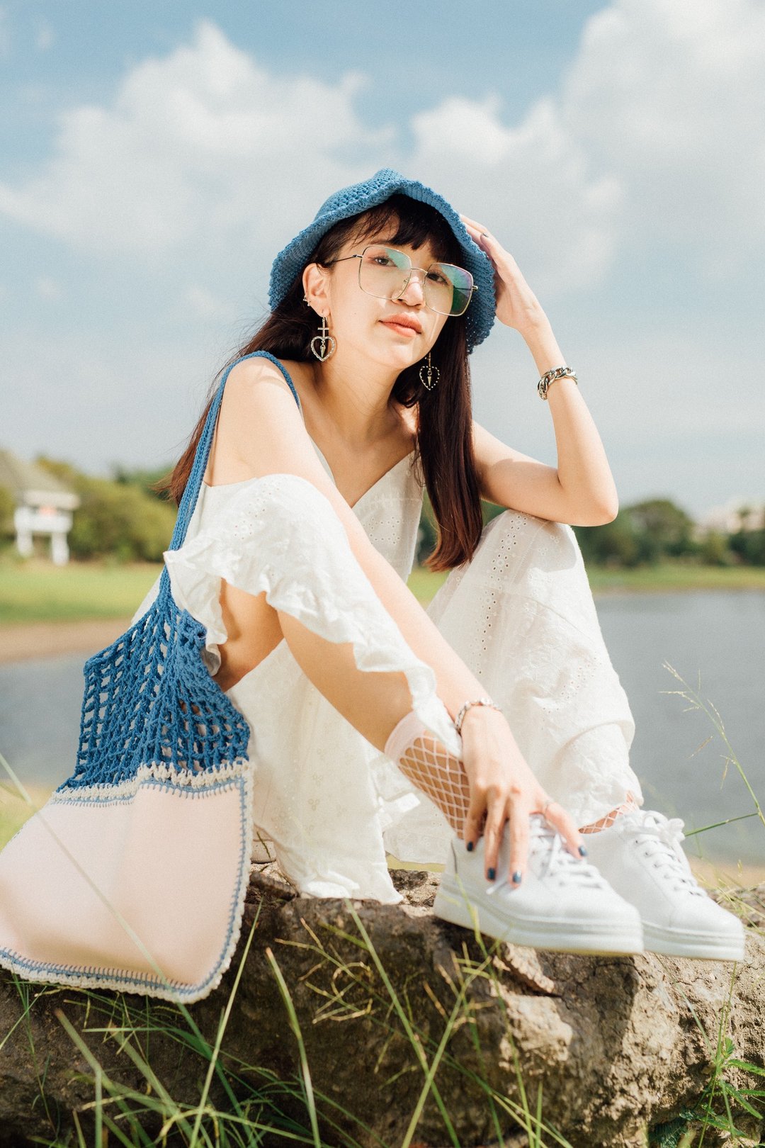 Pink-Blue Gradie crochet bag - 手提包/手提袋 - 棉 蓝色