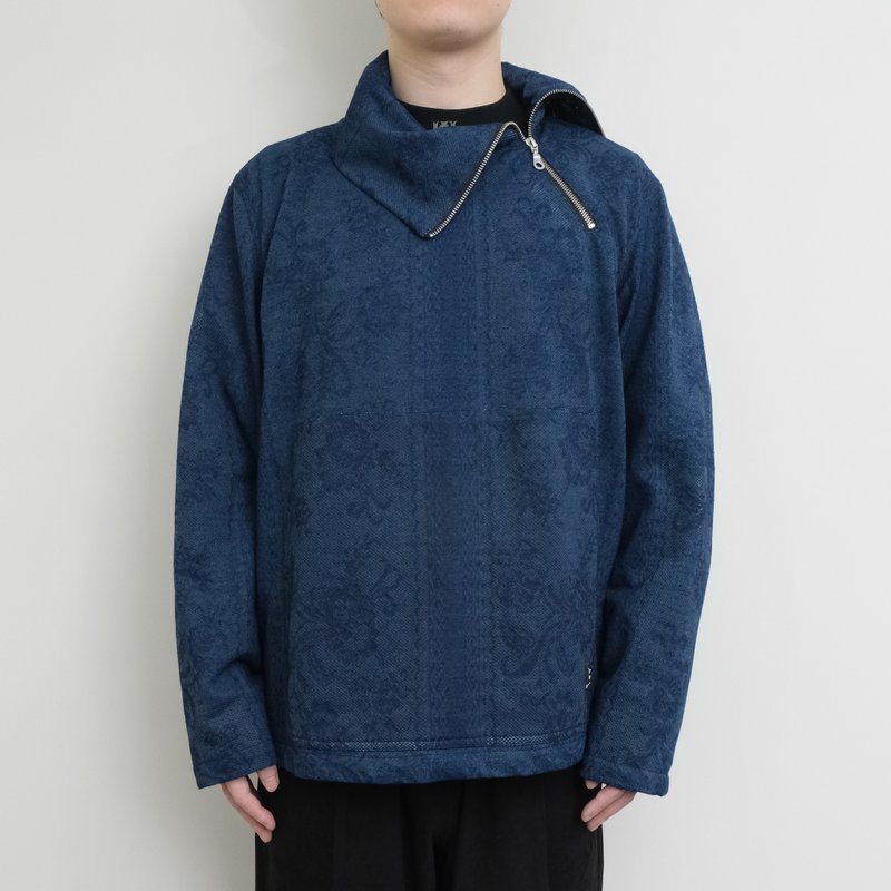 KAIKAI - Faded - 花影斜开拉链高领针织上衣 - 蓝 - 男装针织衫/毛衣 - 棉．麻 蓝色