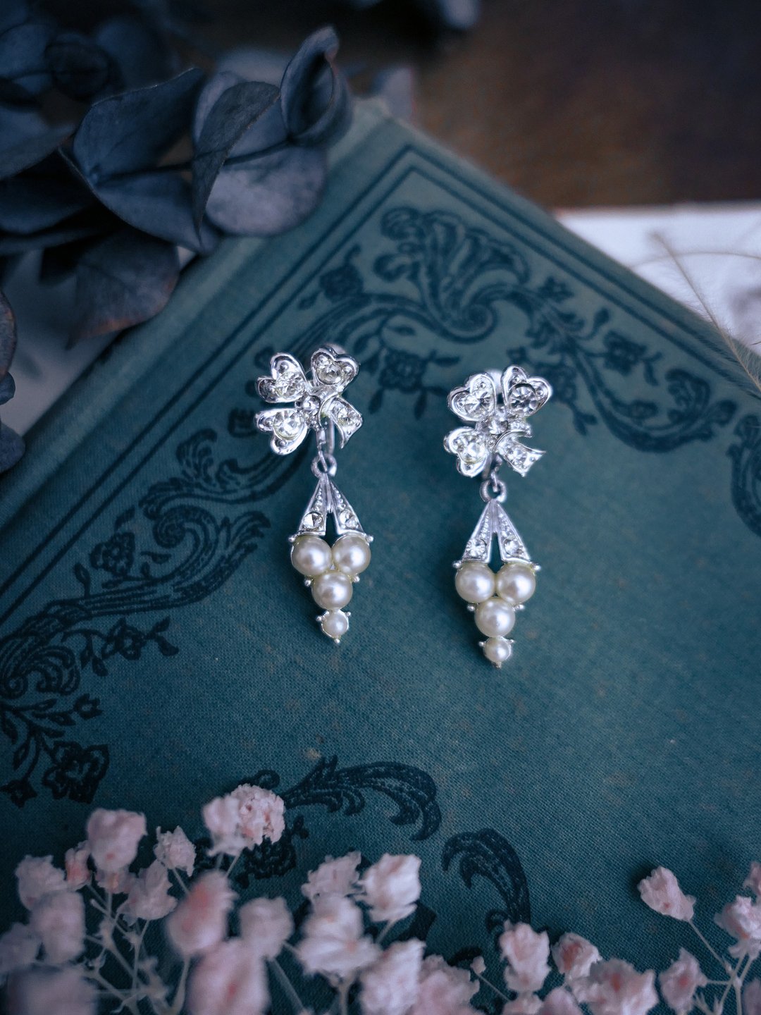 Coro 酢浆草垂坠珍珠紫藤花耳环—美国古董首饰 Vintage Jewelry - 耳环/耳夹 - 银 