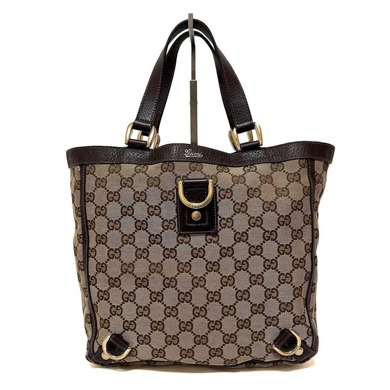 正品 GUCCI 古驰 托特包 手提包 Abbey GG帆布 皮革 米色 棕色 130739 二手 - 手提包/手提袋 - 其他材质 咖啡色