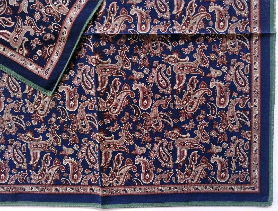Yves Saint Laurent 古董手帕 佩斯利图腾 18.5 x 18 英寸 - 手帕/方巾 - 棉 蓝色