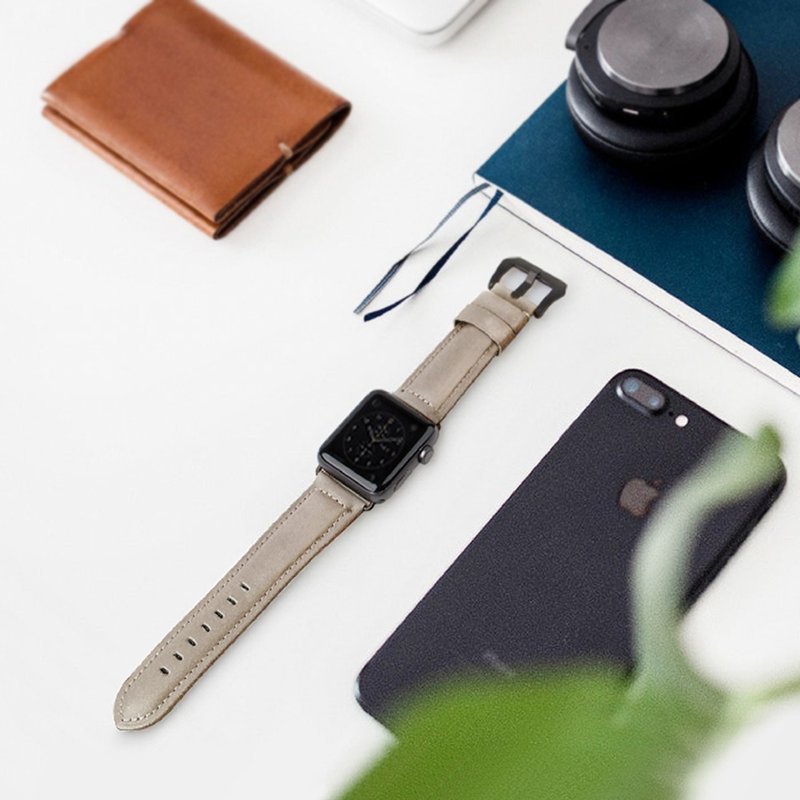 Applewatch 42/44mm Duffle质感真皮手作缝线表带-米色 - 表带 - 真皮 卡其色