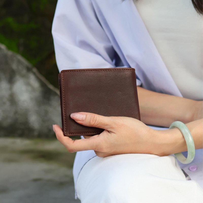 【定制化名字】永远吃不饱短夹 扣子款 3 色 毕业 生日 父亲节礼物 - 皮夹/钱包 - 真皮 咖啡色