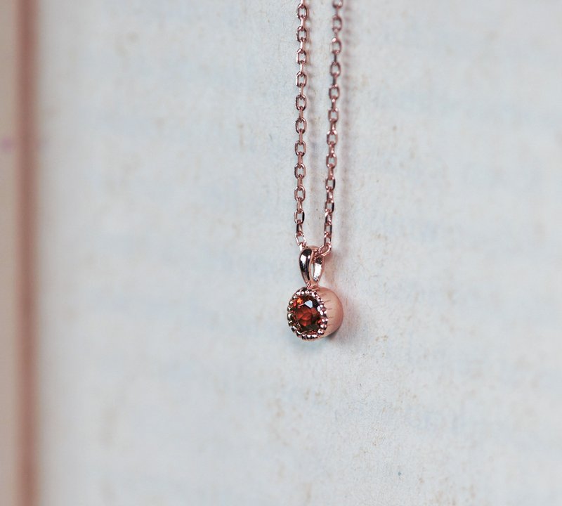 高质感-橙红石榴石4mm纯银玫瑰金项链-项链-一月诞生石 - 项链 - 玫瑰金 红色