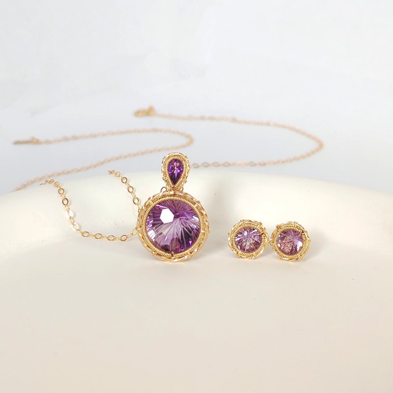 天然紫水晶套裝大顆紫水晶吊墜耳釘14KGF天然水晶煙花切項鏈耳飾 - 项链 - 水晶 多色