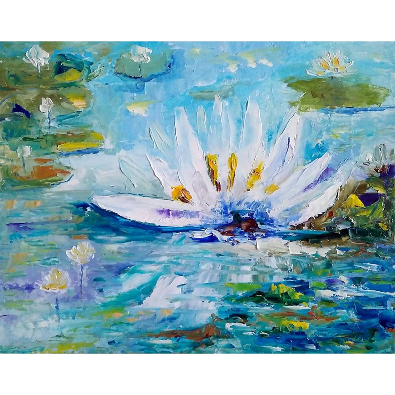 Water Lily Painting Original Art, White Lotus Flower Picture, Floral Wall Art - 海报/装饰画/版画 - 其他材质 多色
