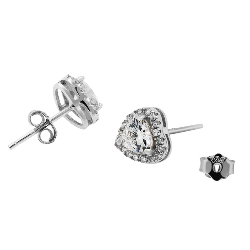纯银镶心形锆石耳环 - 耳环/耳夹 - 纯银 银色