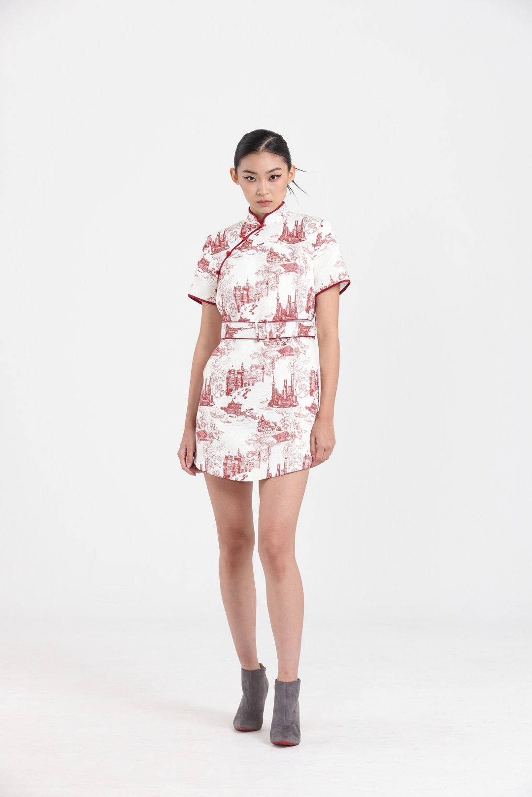 Yi-ming MACY 短身旗袍裙配双面腰带 - 白/红 - 旗袍 - 棉 