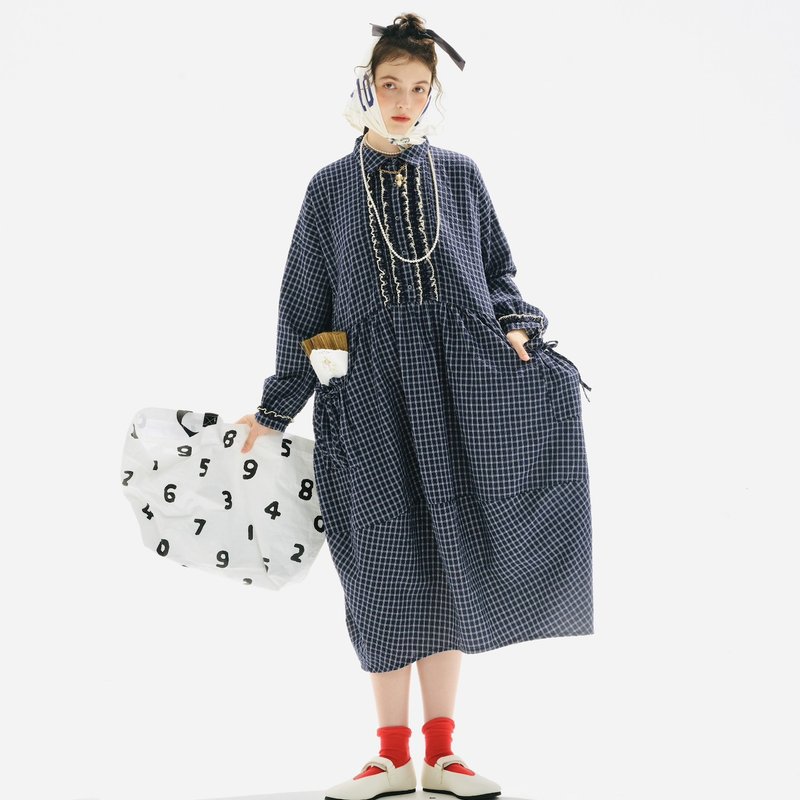 蓝白格纹泡泡纱长袖洋装 / 连身裙 裙子 - 洋装/连衣裙 - 棉．麻 蓝色