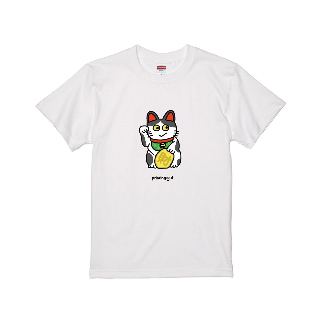 招财猫(招き猫) 短袖T恤 黑白花猫  白t-shirt - 女装 T 恤 - 棉 多色