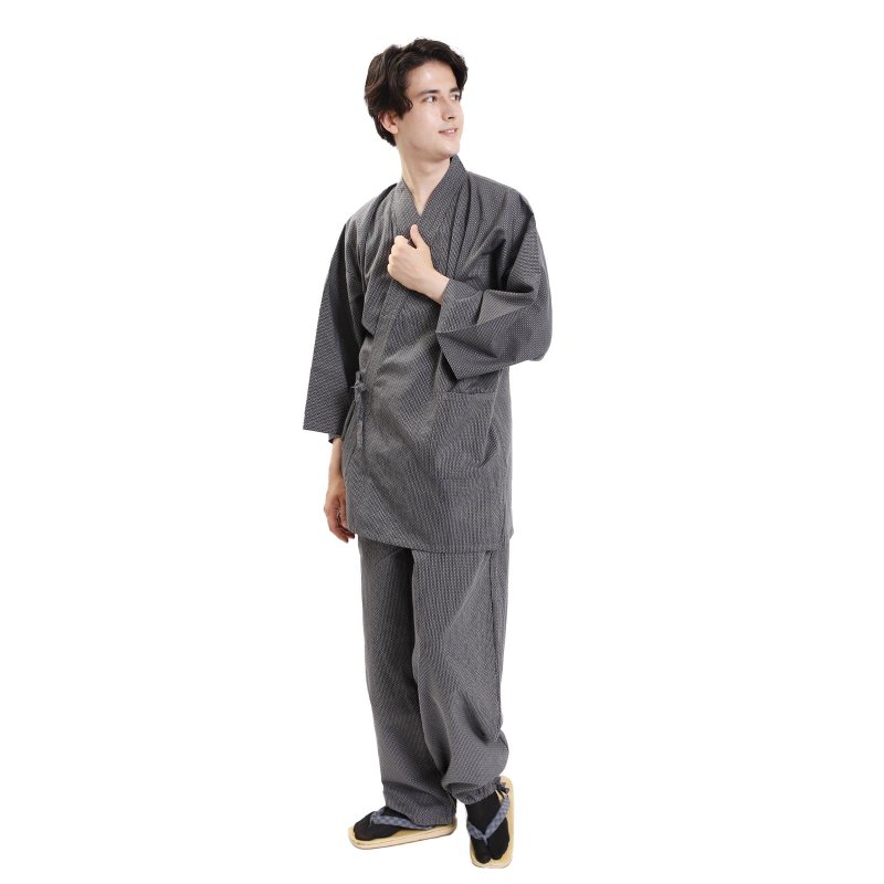 日本 和服 绵 作务衣 居家服 套装 Sashiko 工艺 M L LL 深灰 - 居家服/睡衣 - 棉．麻 灰色