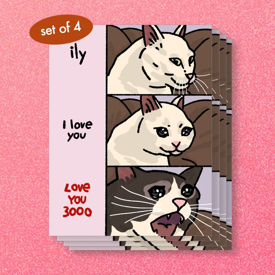 Love You 3000 Sad cat meme postcard set of 4 - 卡片/明信片 - 纸 多色