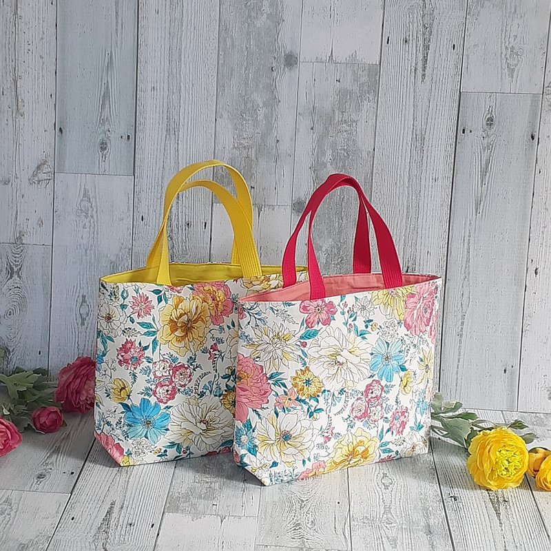 花卉图案 缤纷 迷你托特包 抢眼 粉红 黄色 大图案 手提包 副包 - 手提包/手提袋 - 棉．麻 粉红色