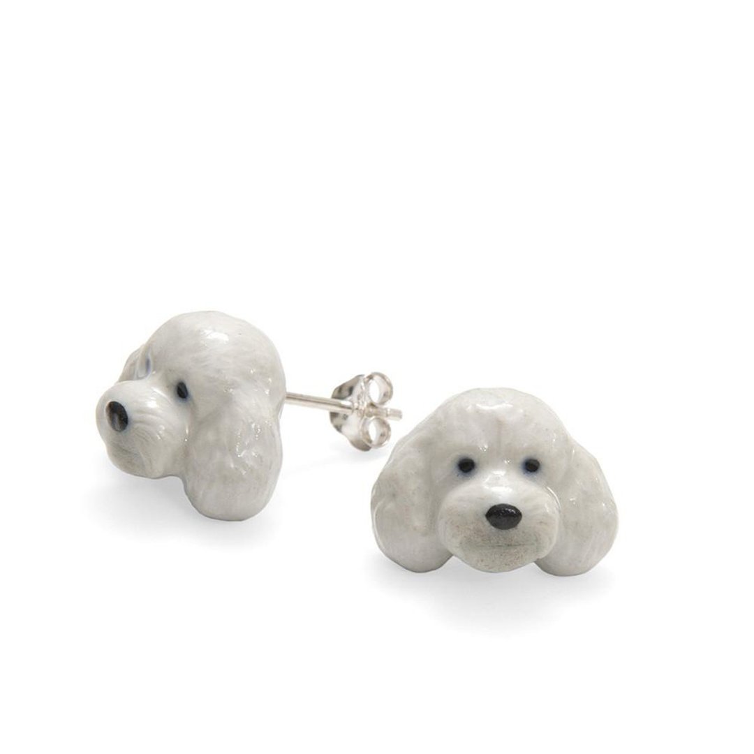 And Mary 手绘瓷耳环-贵宾狗 礼盒装 White Poodle dog Earrings - 耳环/耳夹 - 瓷 