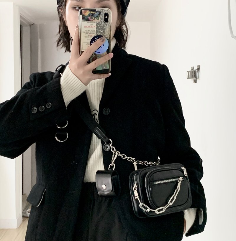 小众原创设计 机能酷链条斜挎包 胸包 - 侧背包/斜挎包 - 人造皮革 黑色