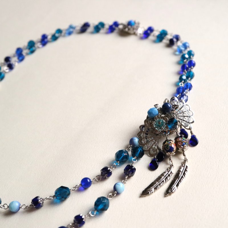 落雁美人 半套饰品 王昭君 中国 中华 历史 宝冠 发簪 钗 步摇 古典  الصين风 胸针 花 蓝色 蓝 银色 银景泰蓝 - 项链 - 玻璃 蓝色