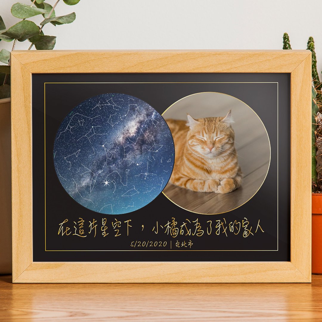 定制化宠物纪念品礼物小狗狗猫咪生日当天的真实星空夜晚A3木框画 - 画框/相框 - 木头 黑色