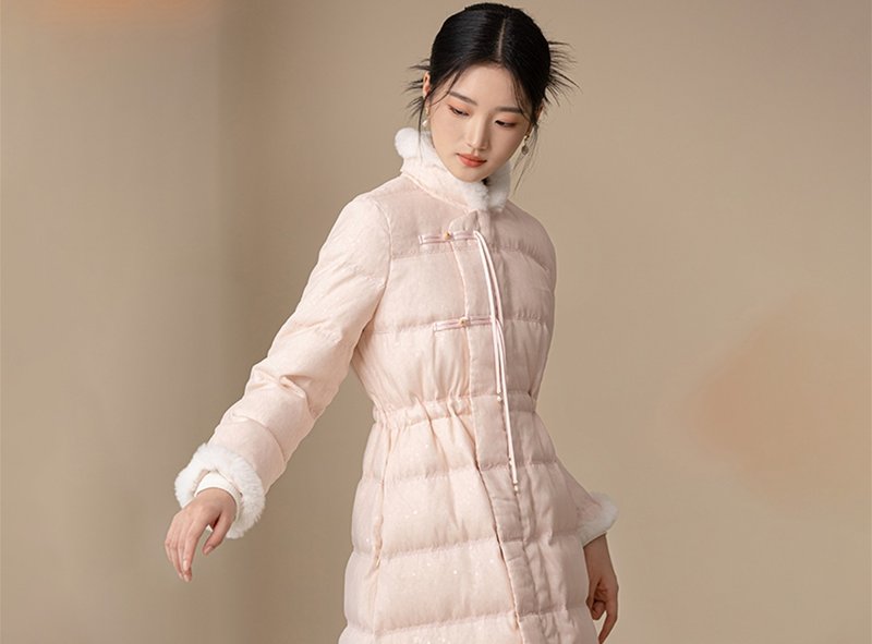 新中式  冬季羽绒服中国风蕾丝刺绣鸭绒粉色长款外套 - 女装休闲/机能外套 - 其他材质 粉红色