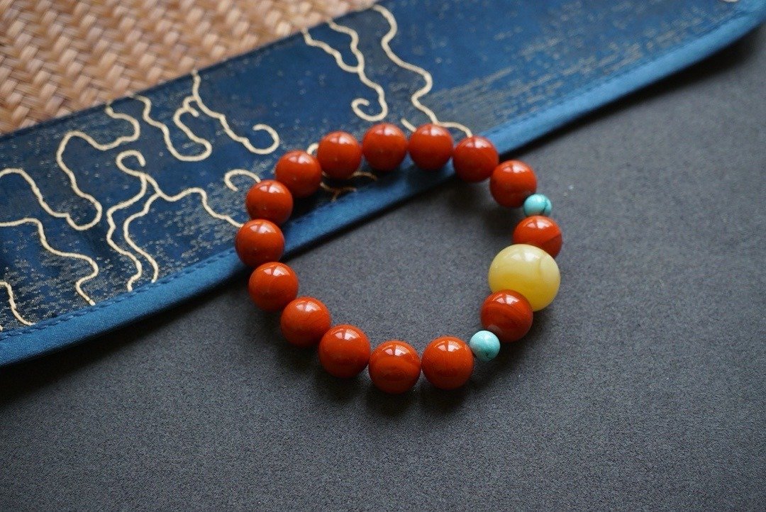 12mm天然川料南红玛瑙 绿松石俄料蜜蜡墩子设计单圈手串手链s - 手链/手环 - 半宝石 红色