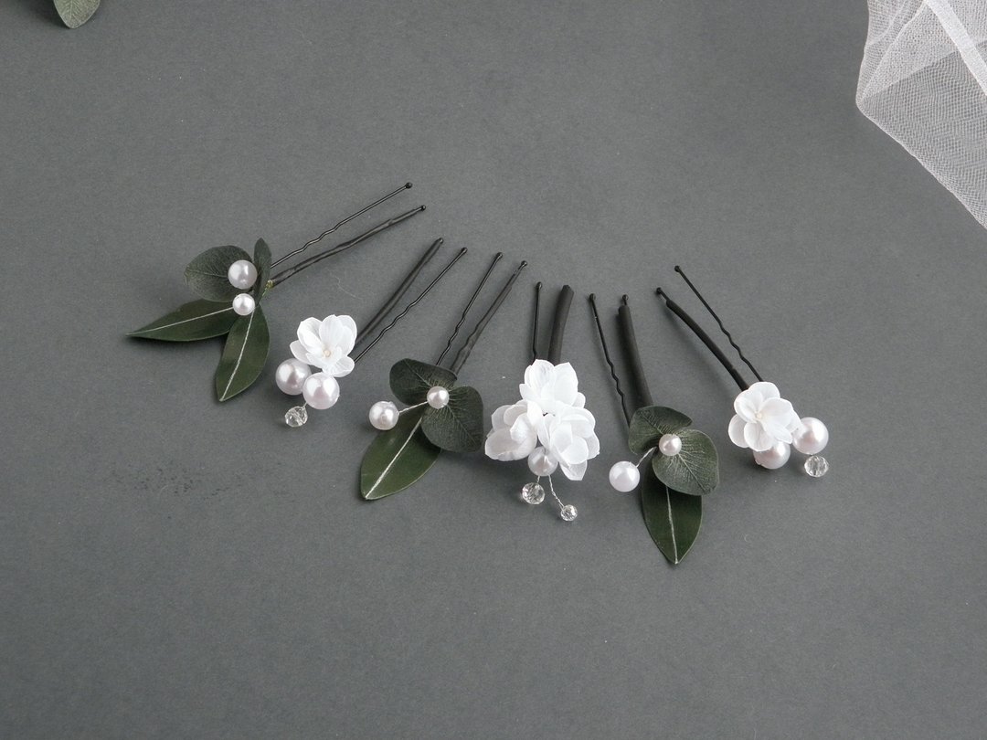 Flower hair pins Eucalyptus hair piece Bridal hair piece Wedding pearl hair pins - 发饰 - 其他材质 白色