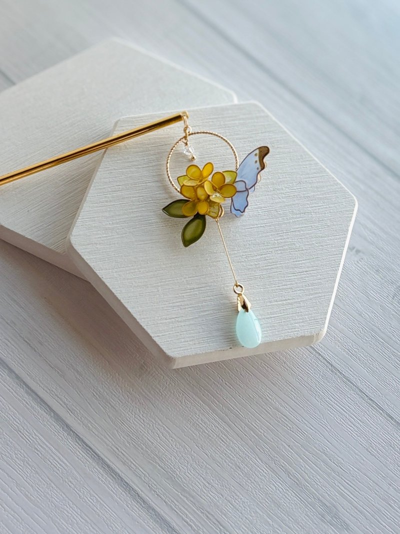 桂花与天空蓝粉蝶发簪 一只贩售 可改夹 - 发饰 - 树脂 蓝色